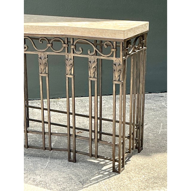 Bronze Vintage Deco Stone Top Long Wrought Iron Console Table For Sale - Image 8 of 11
