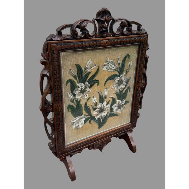Antique Victorian Carved Walnut Firescreen With Floral Beaded Needlework Panel For Sale - Image 9 of 12