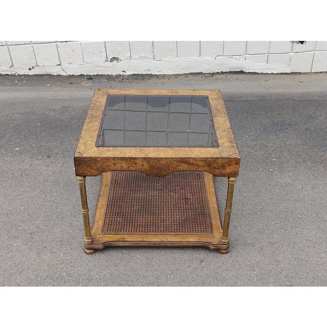 Mid 20th century, walnut and burl veneer with bevel glass tops, gilt stand and, woven rattan lower shelf,