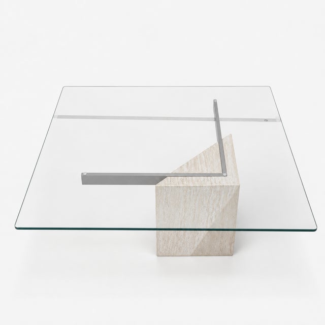 1980s Postmodern Glass Coffee Table With Travertine Base For Sale - Image 12 of 18
