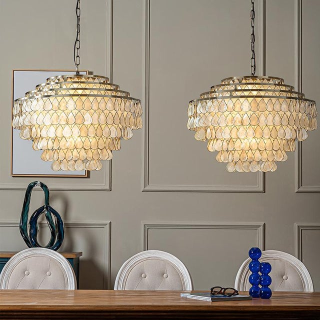Aloadecor 7-Light 24'' Mid-Century Modern Coastal Aged Bronze 4-Tier Natural Capiz Shell Chandelier Vintage Glam Pendant Light For Sale In Houston - Image 6 of 7