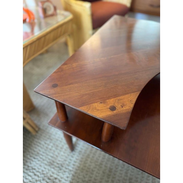 Large 2 Tier Corner Table in a Warm Cherry Finish, Blending Form and Function With Its Clean Mid Century Lines, Circa 1970s. For Sale - Image 10 of 12