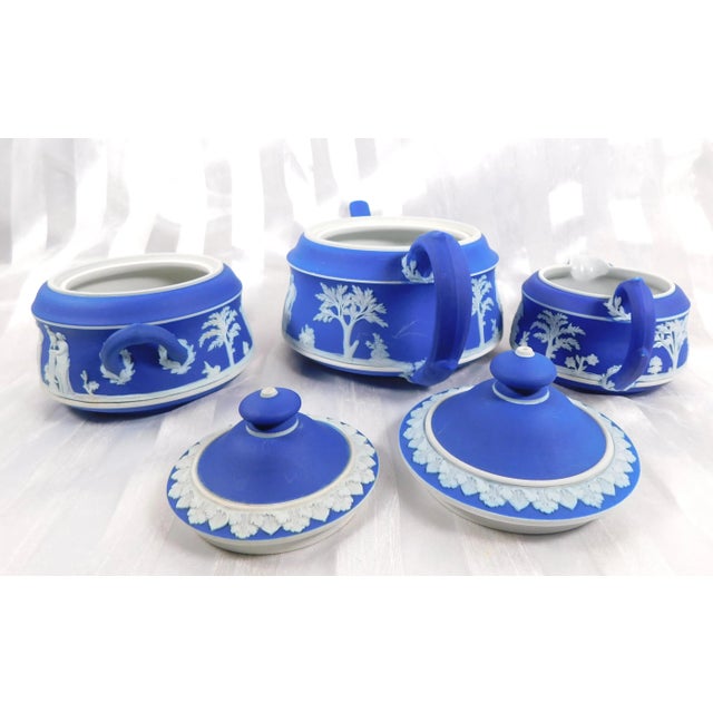 1960s Portland Blue Wedgwood Jasperware Teapot Sugar Bowl and Creamer For Sale - Image 10 of 13