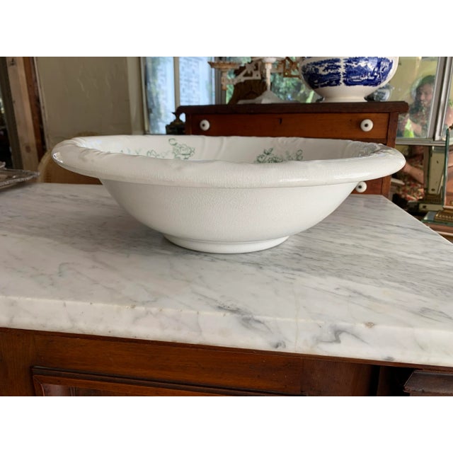 Antique Primitive Large Ironstone Bowl Green Transferware For Sale - Image 11 of 12