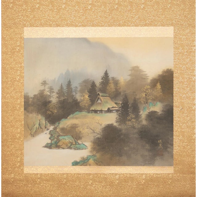 Excellent large Japanese watercolor scroll painting depicting a landscape with Pine Trees and a house. Signed and sealed...