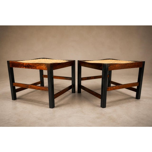 Pair of Brazilian Modern Stools in Rosewood, Cane, and Olive Mohair Cushions — Liceu De Artes, 1960s For Sale - Image 14 of 18