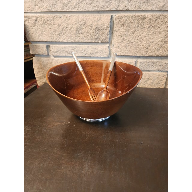 1960s Mid Century Modern Mahogany and Sterling Silver Bowl and Utensils For Sale In Seattle - Image 6 of 7