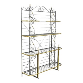 Vintage French Country Wrought Iron & Brass Kitchen Bakers Rack Bookcase Etagere For Sale