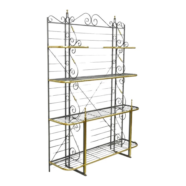 Vintage French Country Wrought Iron & Brass Kitchen Bakers Rack Bookcase Etagere For Sale