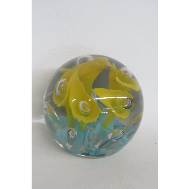 Mid-Century Modern St Clair Hand Blown Art Glass Paperweight Yellow Flower Controlled Bubble 4515b For Sale - Image 3 of 8