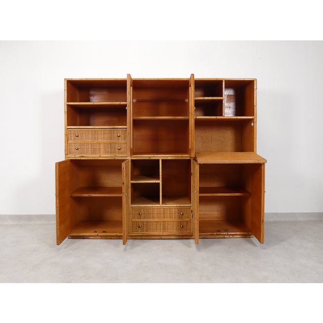 Large Wall Unit in Wood Bamboo and Rattan by Unknown for Unknown, 1970s For Sale - Image 11 of 18