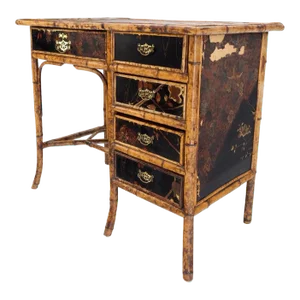 Antique Asian Oriental Chinese Burned Bamboo Hand Painted Decorated Desk Table