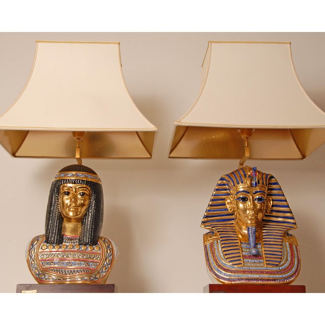 Italian Table Lamps Capodimonte Porcelain King Tut and Cleopatra Gold Lamps - A Pair For Sale - Image 12 of 17