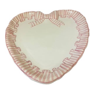 Vintage 1989 Angora / Haldon Group "Pink Stripe" Ribbon Bow Heart Platter - Rare 14" For Sale