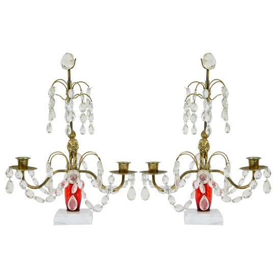 Mid-Century Cut Glass and Marble Candelabras, 1960, Set of 2 For Sale