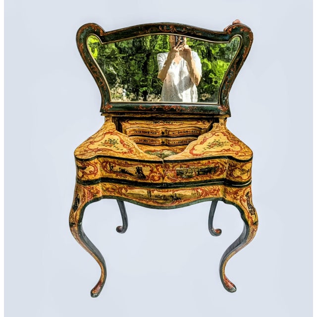 Antique Venetian Style Lacquered Wood Vanity Table and Desk With Folding Storage Wings and Mirror For Sale - Image 15 of 18