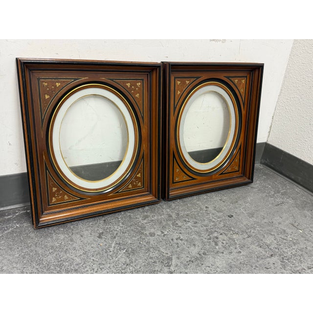 Victorian Circa 1895 Victorian Wood + Oval 18 Karat Gold Wall Picture Frames, a Pair For Sale - Image 3 of 12