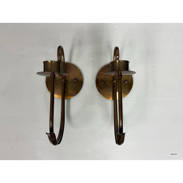 Industrial Grag Studios Handcrafted Brass Frame Wall Sconces + Glass Shades, Pair For Sale - Image 3 of 12