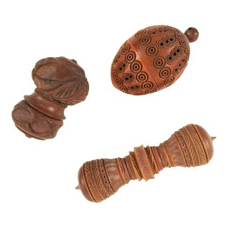 Antique Carved Vegetable Ivory Tagua Needle & Thimble Cases - Set of 3 For Sale