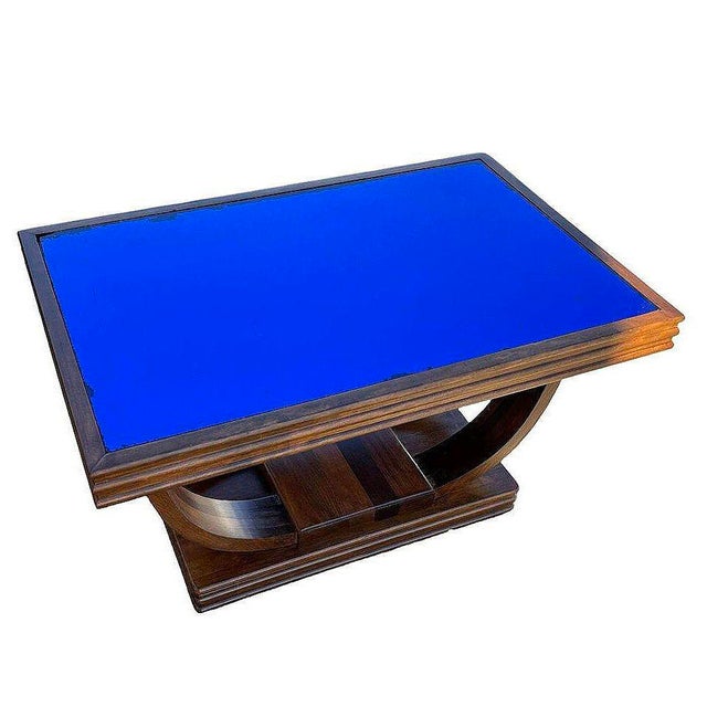 Art Deco 1930s Streamline Art Deco Double Arch Rosewood Coffee Table W/ Colbalt Blue Glass Top For Sale - Image 3 of 11