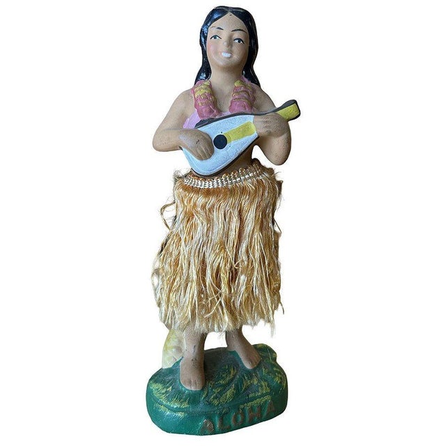 Mid-Century Modern Mid 20th Century Ceramic "Aloha" Hawaiian Dancing Hula Girl W/ Ukulele Figurine For Sale - Image 3 of 7