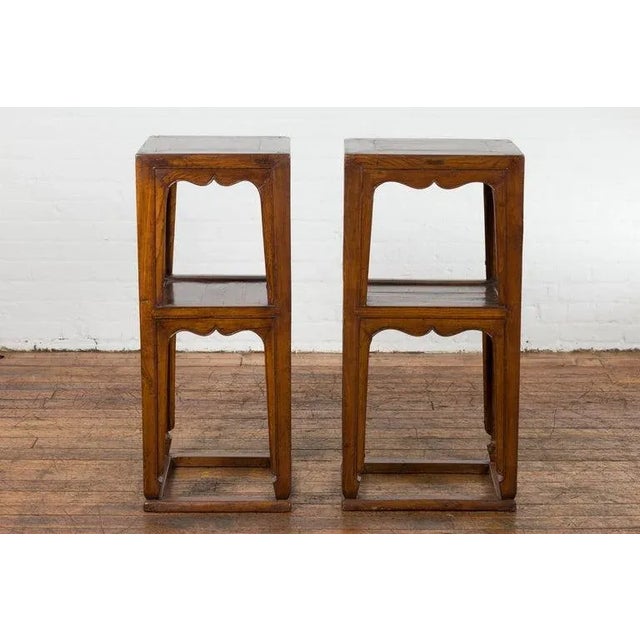 Early 20th Century Chinese Late Qing Dynasty Tiered Lamp Tables with Carved Aprons - A Pair For Sale In New York - Image 6 of 13