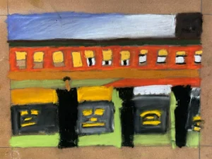Vintage Abstract City Scene Pastel Drawing