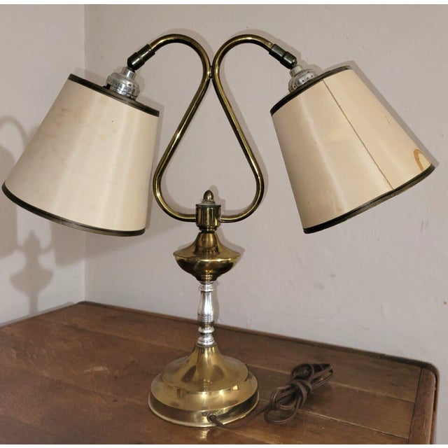 Mid-Century Modern Mid-Century Modern Double Armed Shaded Brass Student Banker Desk Lamp For Sale - Image 3 of 7