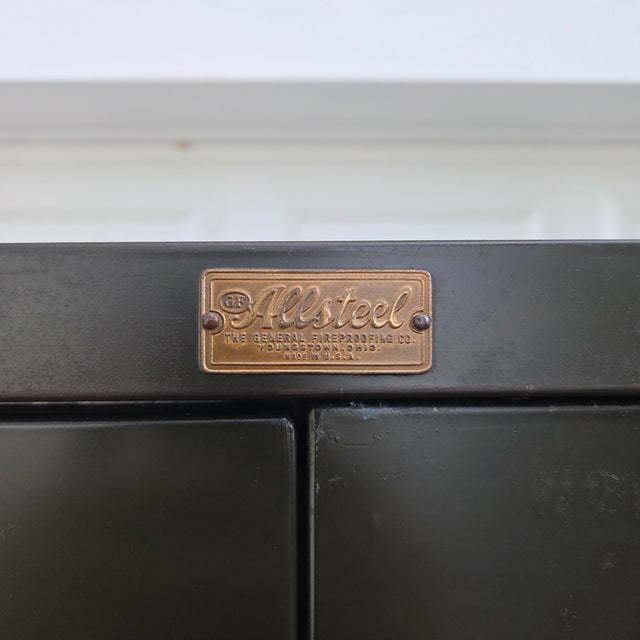 American Mid 20th Century WWII-Era Dark Olive-Green General Fireproofing Company All steel Supply Cabinet W/ Brass Hardware For Sale - Image 3 of 12