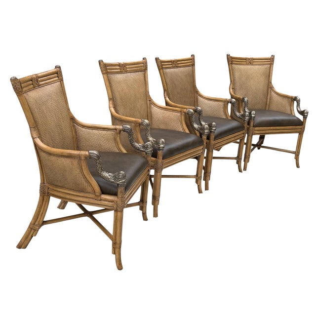 Chinoiserie Set of 4 Asian Chinoiserie Faux Bamboo Armchairs With Sculptural Metal Fish Motifs For Sale - Image 3 of 17