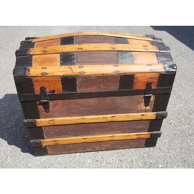 Early American Refinished Dome Top Pine and Metal Blanket Trunk, Circa 1900s For Sale - Image 9 of 10