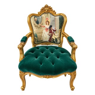 French-Style Green Velvet Armchair – Tufted Upholstery With Ornate Gold Leaf Frame For Sale