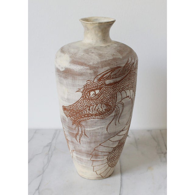 Japanese Vintage Studio Pottery Vase Featuring an Incised Dragon Motif For Sale - Image 3 of 10