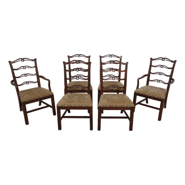 Set of 6 Old Colony Mahogany Chippendale Style Ribbon Back Dining Chairs For Sale