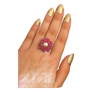 Bochic "Orient" Vintage Ruby & Pearl Ring Set In 18K Yellow Gold & Silver For Sale