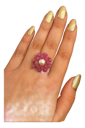 Bochic "Orient" Vintage Ruby & Pearl Ring Set In 18K Yellow Gold & Silver