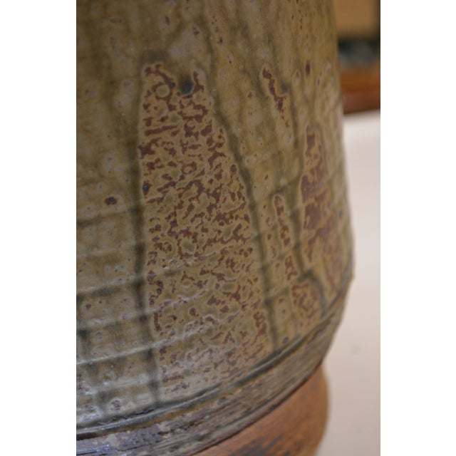 Studio Art Pottery Large Brown/Tan Cannister Container With Carved Face / Handles & Lid For Sale - Image 12 of 14