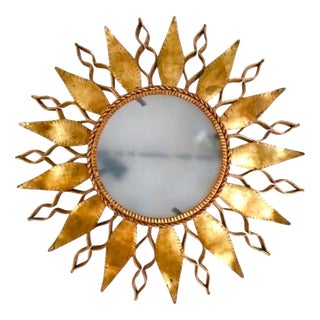 Large Spanish Crown Sunburst Fixture in Gilt Metal and Frost Glass, 1950 For Sale