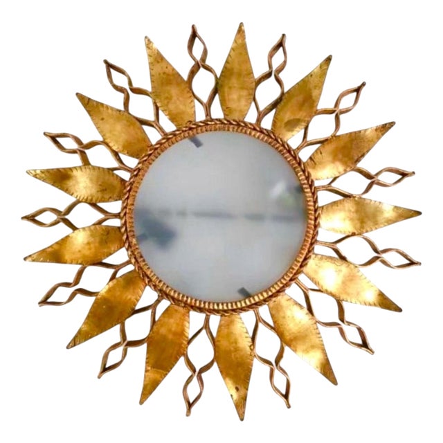 Large Spanish Crown Sunburst Fixture in Gilt Metal and Frost Glass, 1950 For Sale