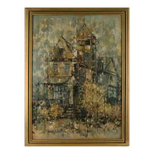 "The Victorian Sentinel" - Mid-Century Architectural Landscape in Oil on Canvas by Helen Landgraf