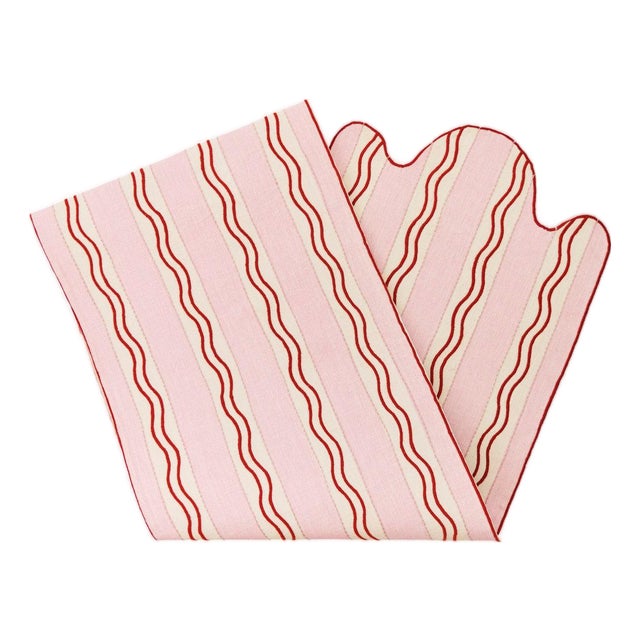 Misette Monaco Stripe Embroidered Linen Runner, Pink For Sale