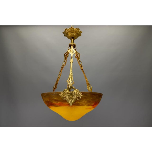 French Art Nouveau Pâte de Verre Glass and Bronze Pendant Lamp from Muller Frères, 1920 For Sale - Image 16 of 18