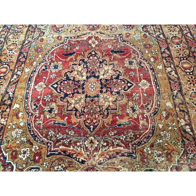 Late 19th Century 19Th Century Persian Kerman Lavar Rug, Handwoven Medallion Floral Pattern With Silk Highlights, Gold & Red, 4’ X 6’ For Sale - Image 5 of 8