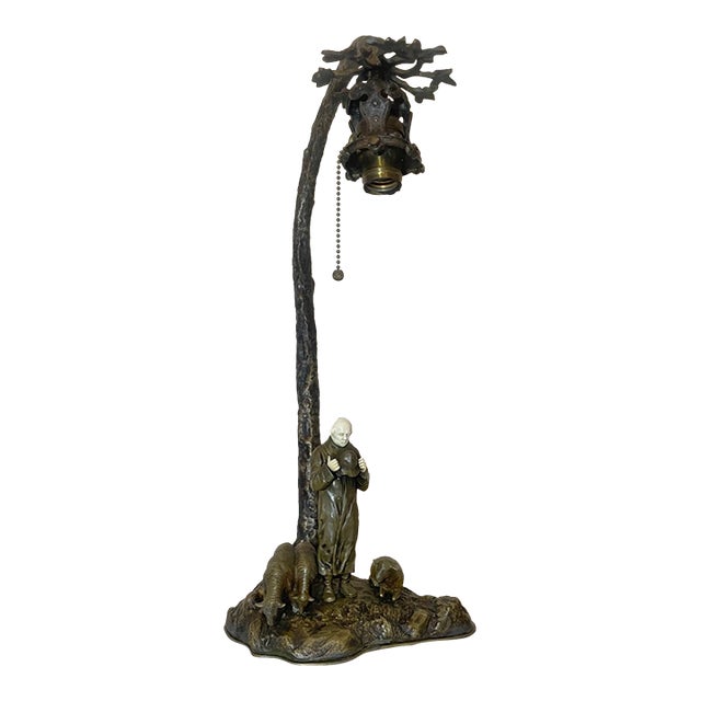 Antique Bronze Figural Sheep Herder Tree Carved Electric Table Lamp Sculpture For Sale