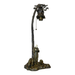 Antique Bronze Figural Sheep Herder Tree Carved Electric Table Lamp Sculpture