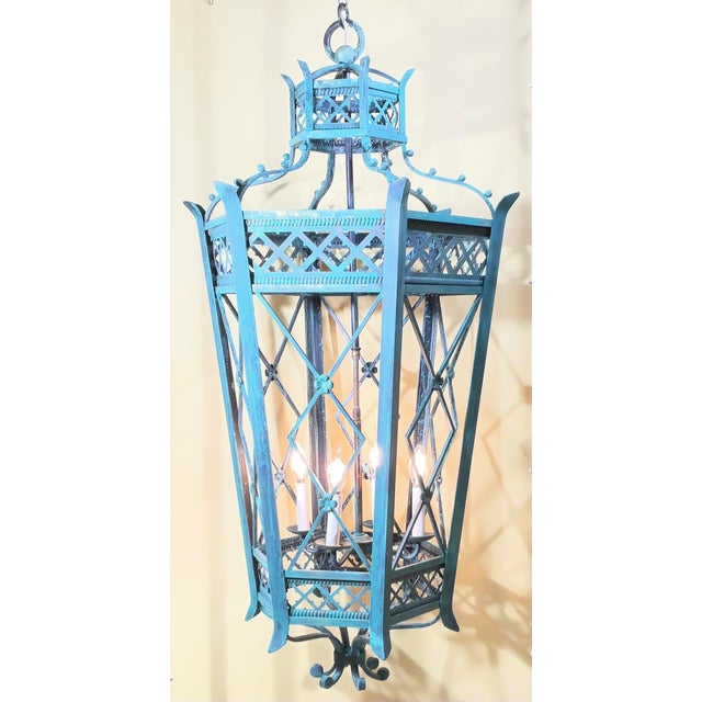 Exquisite Large Hand-Forged Iron Lantern – Verdigris Patina - 47” High X 24”Wide For Sale - Image 15 of 18