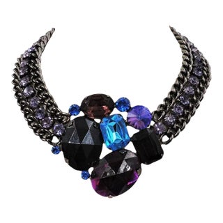 1980s Delizza & Elster for Alexis Kirk Book Piece Darkened Metal Rhinestone Necklace For Sale