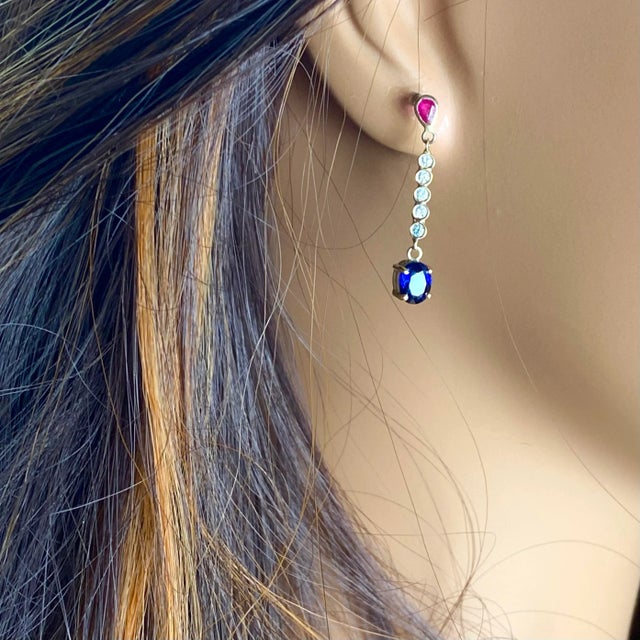 14 Karat Yellow Gold Double Tiered Alternating Ruby and Sapphire Drop Earrings - 2 Pieces For Sale - Image 4 of 10