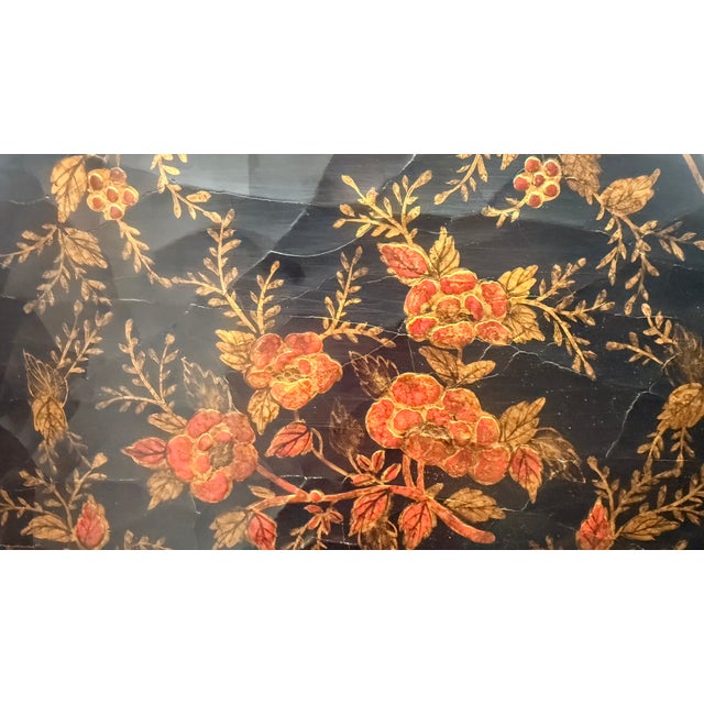 Vintage Chinoiserie Style Black Lacquer Hand-Painted Floral Mirror For Sale - Image 10 of 12
