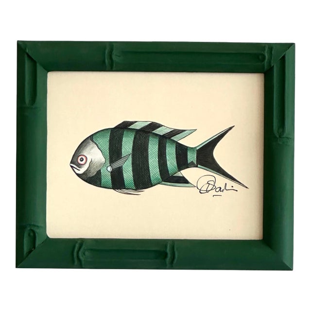 Original Hand-Painted Green and Black Striped Fish Painting, Framed For Sale